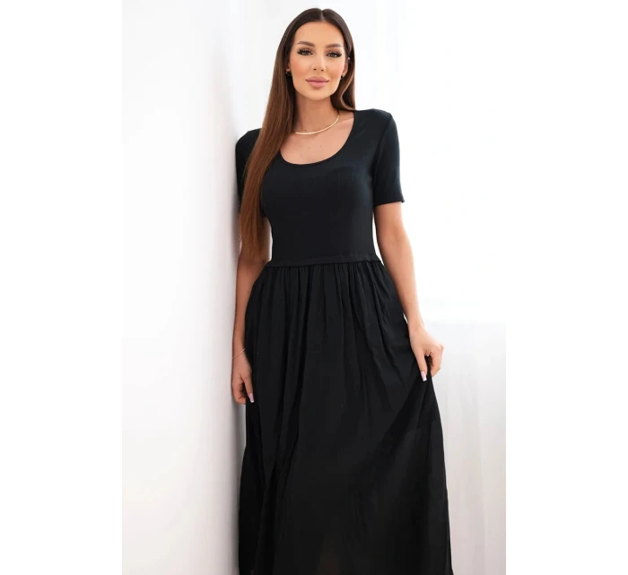 Dámské bavlněné midi šaty s krátkým rukávem a rozšířeným spodkem černá