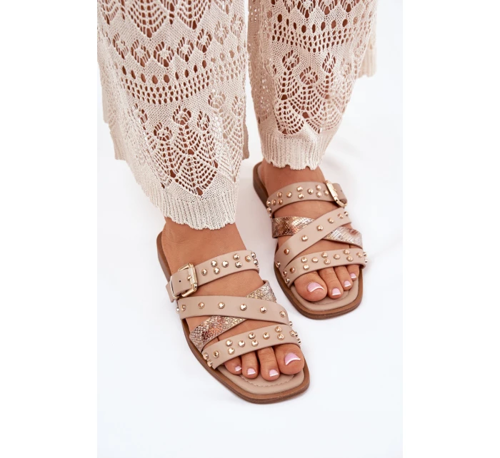 Ozdobené dámské sandály na plochém podpatku se pásky a sponou béžové Manitte Ozdobené dámské sandály na plochém podpatku se pásky a sponou béžové Manitte