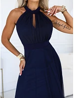 Elegantní maxi večerní šaty na ramínka s a zavazováním v pase tmavě modré model 22210933 - numoco basic