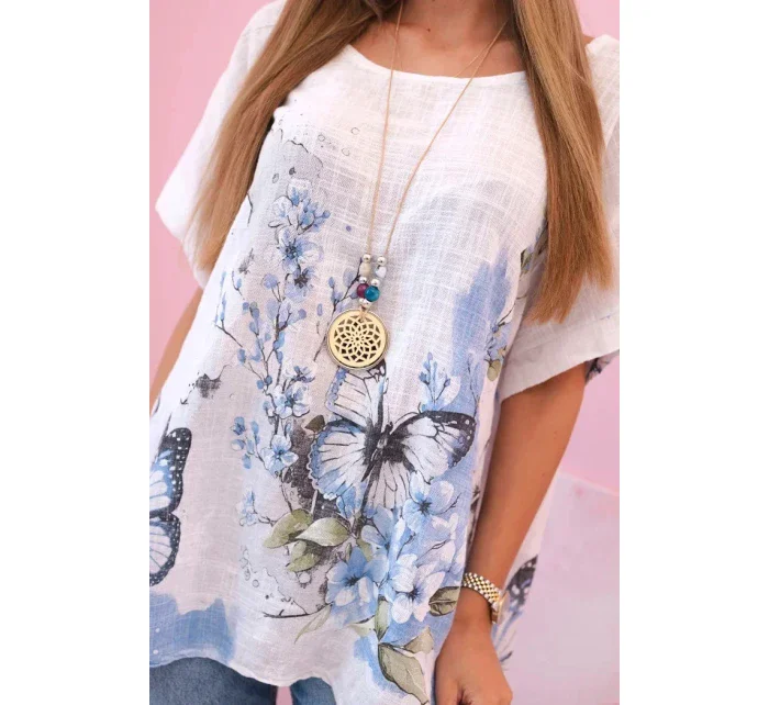 Dámská bavlněná košile s motýly a květinami bílý Dámská bavlněná košile s motýly a květinami bílý