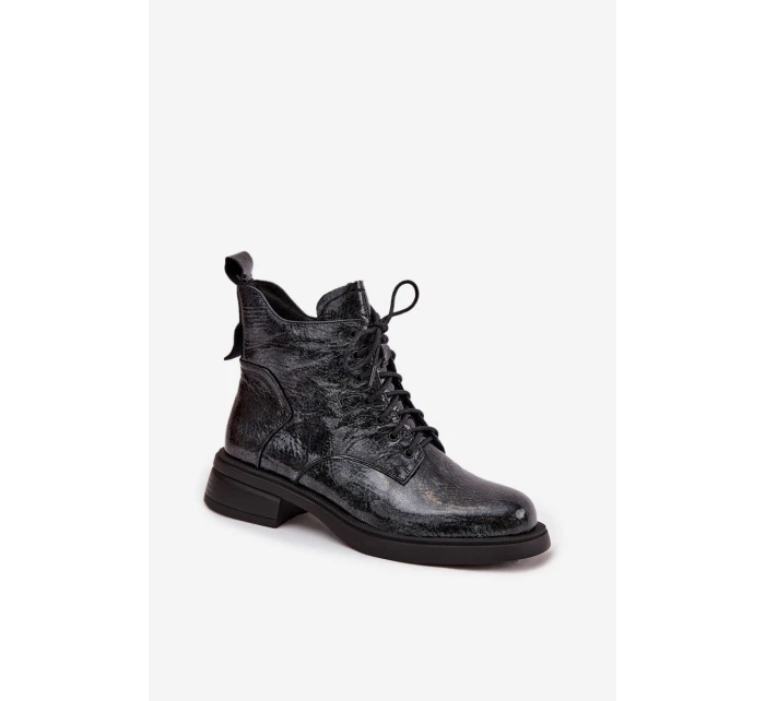 Lakované kožené dámské boty na podpatku D&A – tmavě modré Lakované kožené dámské boty na podpatku D&A – tmavě modré