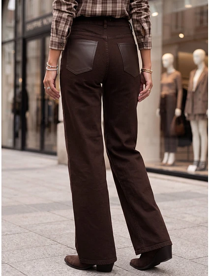 Dámské džíny s širokými nohavicemi a vysokým pasem, hnědé, FashionStreet UY3136 Dámské džíny s širokými nohavicemi a vysokým pasem, hnědé, FashionStreet UY3136