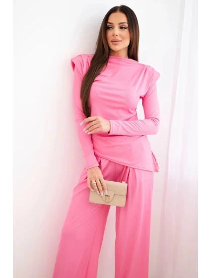 Dámský bavlněný komplet s blůzkou a kalhotami s širokým nohavicí světle růžový