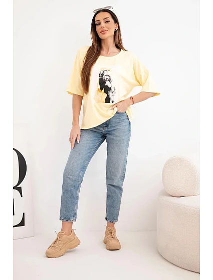 Dámská bavlněná oversize halenka s krátkým rukávem a model 22042982 potiskem žlutá - K-Fashion