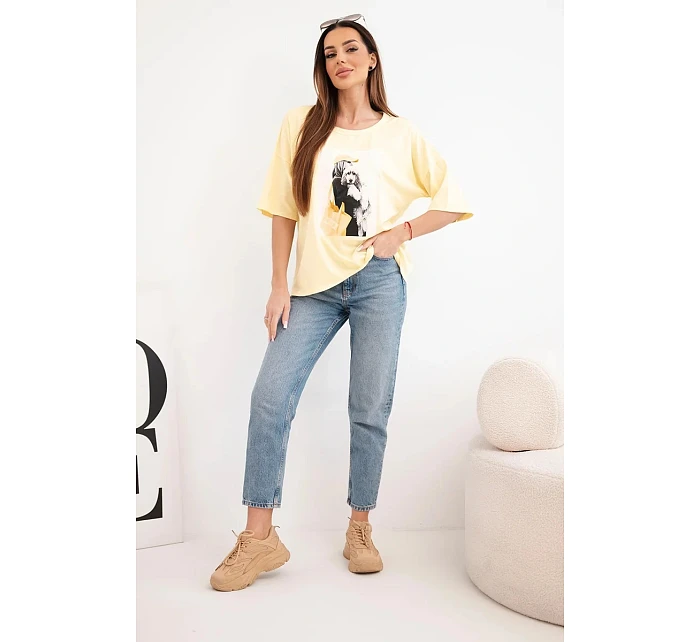 Dámská bavlněná oversize halenka s krátkým rukávem a módním potiskem žlutá