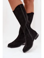 Dámské kozačky s otevřeným vzorem na nízkém podpatku S.Barski HY61-8022 Černé