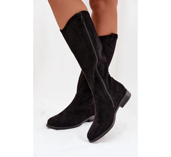 Dámské kozačky s otevřeným vzorem na nízkém podpatku S.Barski HY61-8022 Černé