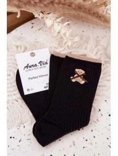 Bavlněné žebrované ponožky s medvídkem – černé