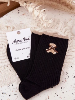 Bavlněné žebrované ponožky s medvídkem – černé