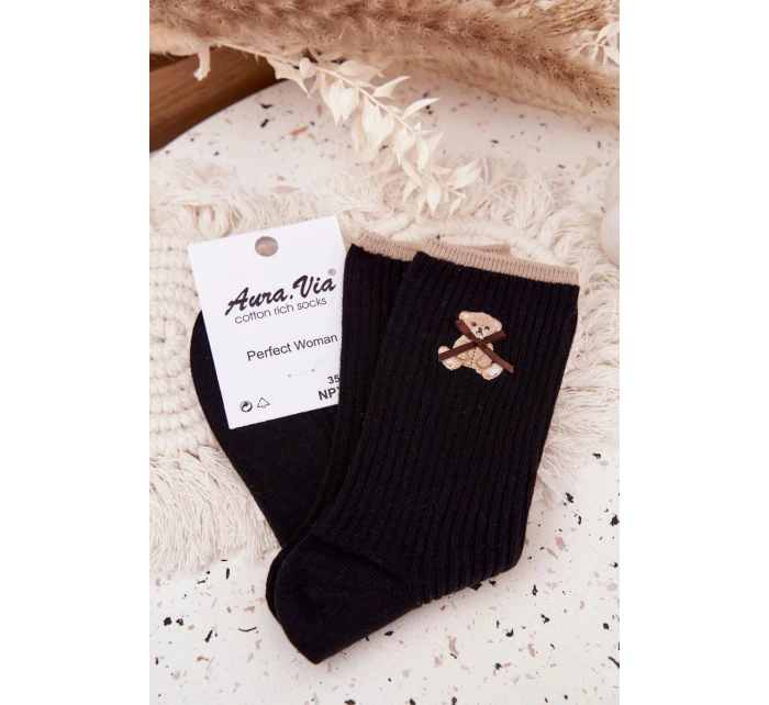 Bavlněné žebrované ponožky s medvídkem – černé