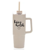 KÁVOHOLIK - béžový cestovní termohrnek s průhledným víčkem 900 ml