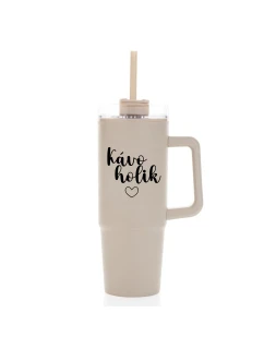 KÁVOHOLIK - béžový cestovní termohrnek s průhledným víčkem 900 ml