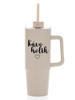 KÁVOHOLIK - béžový cestovní termohrnek s průhledným víčkem 900 ml