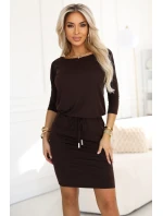 Sportovní midi šaty s kapsami a zavazováním v pase  hnědé model 21479053 - numoco