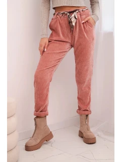 Dámské kalhoty z viskózy s šátkovým pásem tmavě růžové