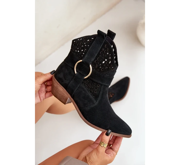 Zamszowe Botki Kowbojki Ażurowe Na Obcasie Zazoo 2994 Czarne Zamszowe Botki Kowbojki Ażurowe Na Obcasie Zazoo 2994 Czarne
