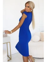 318-9 Elegantní midi šaty s krásným výstřihem a krátkými rukávy - chrpová barva