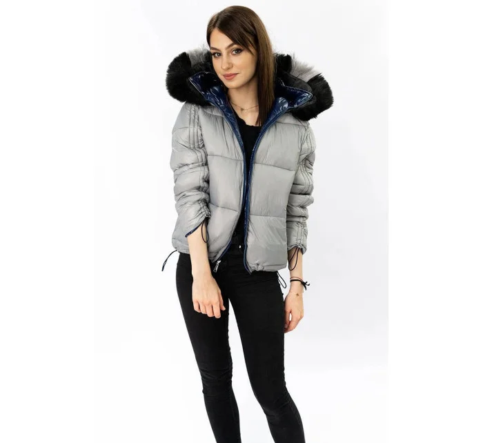 Tmavě modro-šedá oboustranná dámská bunda (b9555) Tmavě modro-šedá oboustranná dámská bunda (b9555)