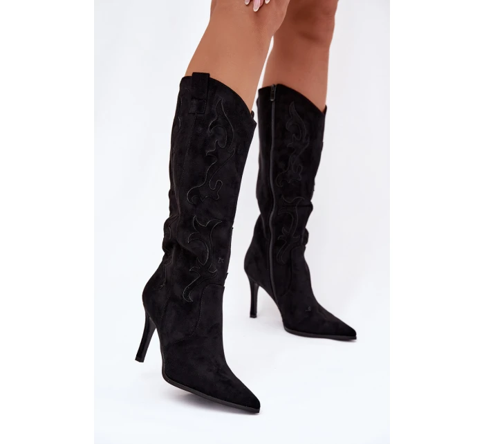 Dámské kozačky na podpatku – „kovbojky“ z eko‑semiše Belonia (černé) Dámské kozačky na podpatku – „kovbojky“ z eko‑semiše Belonia (černé)