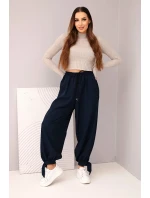 Dámské kalhoty s širokým nohavicí a vázáním dole modré