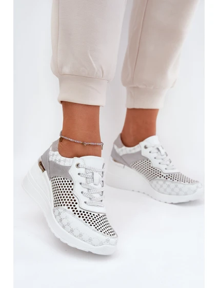 Kožené Ažurové Sportovní Boty Sneakers Na Klínu Bílé model 21691047 - S.Barski Kožené Ažurové Sportovní Boty Sneakers Na Klínu Bílé model 21691047 - S.Barski