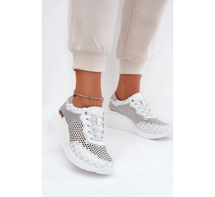 Kožené Ažurové Sportovní Boty Sneakers Na Klínu Bílé model 21691047 - S.Barski Kožené Ažurové Sportovní Boty Sneakers Na Klínu Bílé model 21691047 - S.Barski