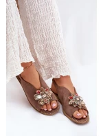 Dámské Sandály Na Plochém Podpatku S Ozdobou S.Barski KV27-001 Tmavě Béžové