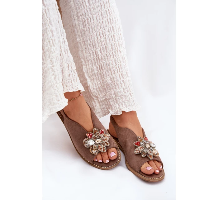 Dámské Sandály Na Plochém Podpatku S Ozdobou S.Barski KV27-001 Tmavě Béžové