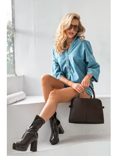 Lakované dámské kotníkové boty na platformě a sloupkovém podpatku čokoládové model 21711487 - Boto