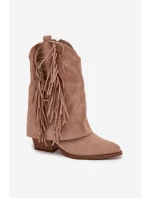 Dámské kotníkové kozačky – kovbojky se třásněmi na sloupku Gralina – khaki