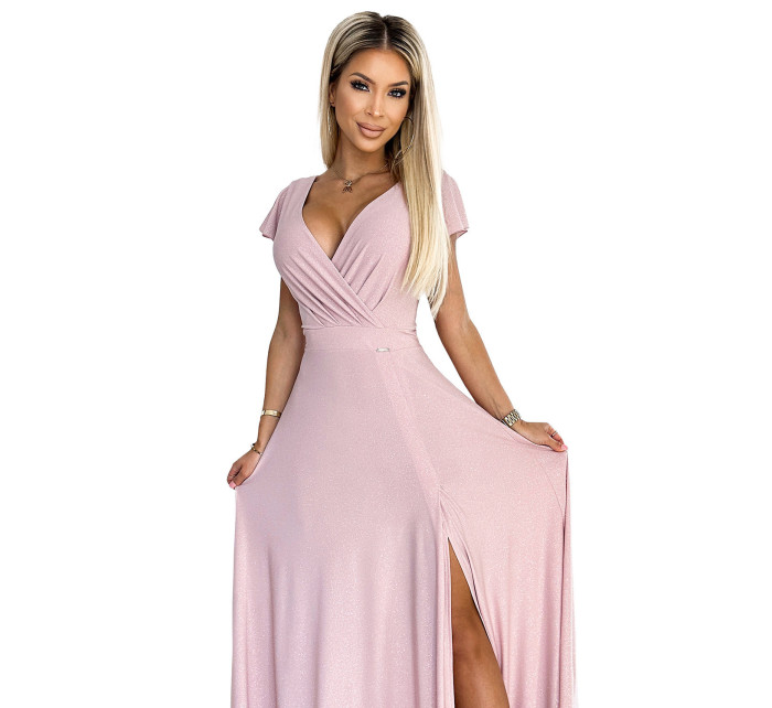 CRYSTAL - Dlouhé lesklé dámské šaty ve špinavě růžové barvě s výstřihem 411-6