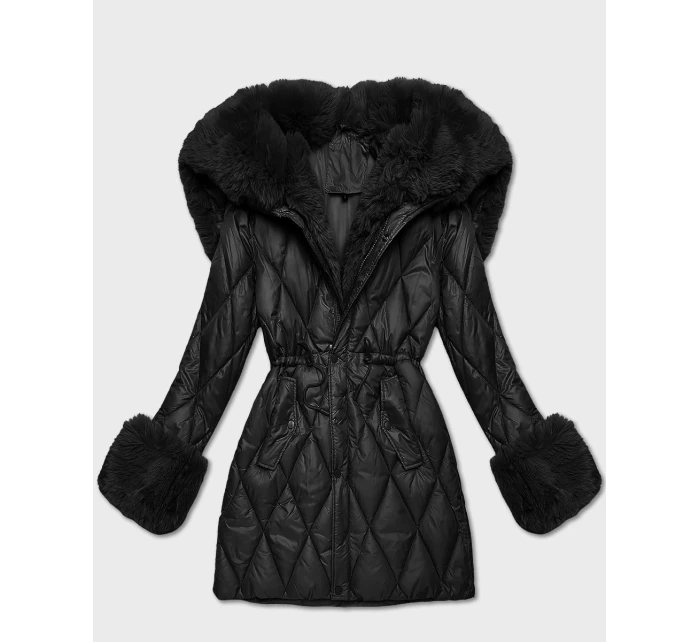 Černá bunda s kožešinovou kapucí, která tvoří límec (T3-2635#-1) Černá bunda s kožešinovou kapucí, která tvoří límec (T3-2635#-1)