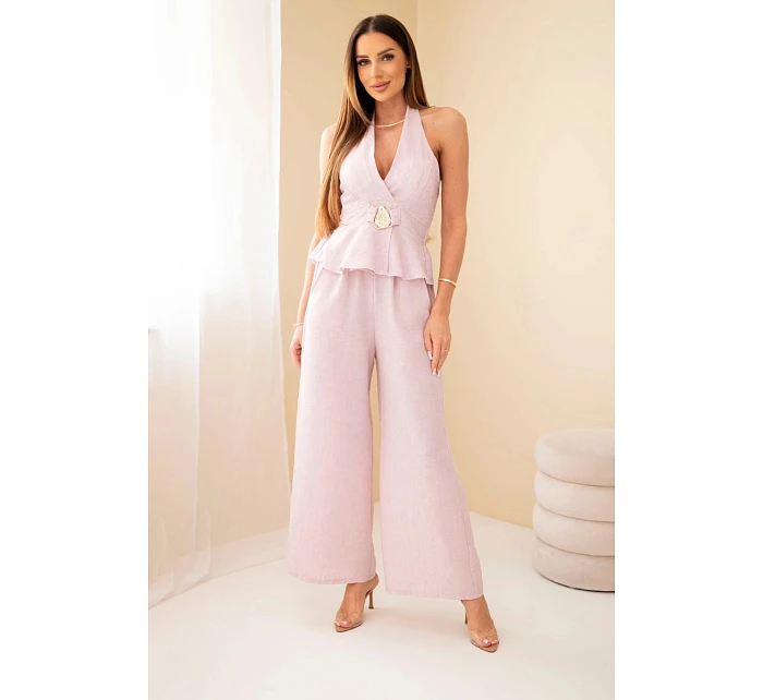 Dámský viskózový komplet top na zavazování a kalhoty se širokou nohavicí růžový