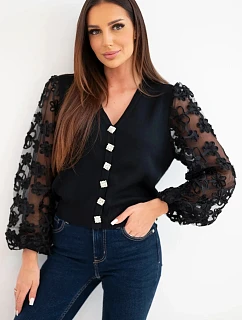Dámský model 22294834 top s krajkovými rukávy a ozdobnými knoflíky černá - K-Fashion