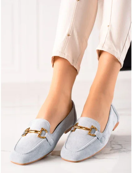 Jedinečné modré  mokasíny dámské na plochém podpatku