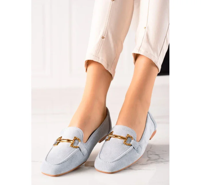 Jedinečné modré  mokasíny dámské na plochém podpatku