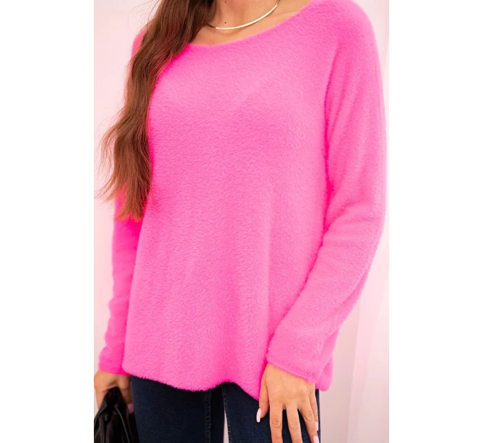 Dámský svetr z měkké pleteniny s kulatým výstřihem neonově růžový