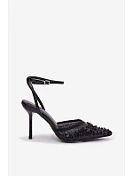 Dámské sandály na podpatku zdobené flitry a korálky Černé model 22092169 - Boto