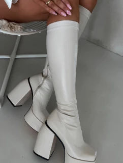 Dámské kozačky na sloupku a platformě Yavira – světle béžové