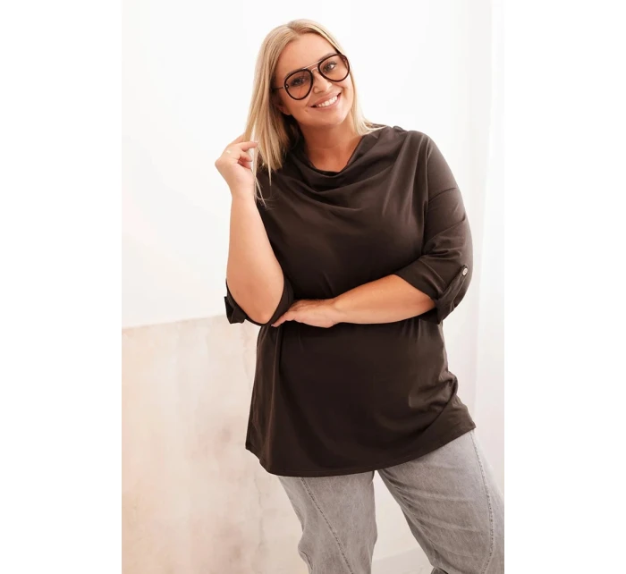 Dámská blůza Plus Size z bavlny volného střihu s vodním výstřihem hnědá