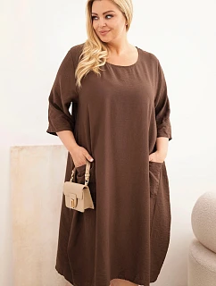Dámské šaty plus size z viskózy s kapsami krátký rukáv hnědá