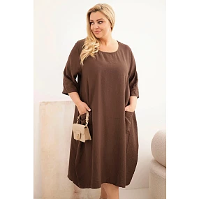 Dámské šaty plus size z viskózy s kapsami krátký rukáv hnědá