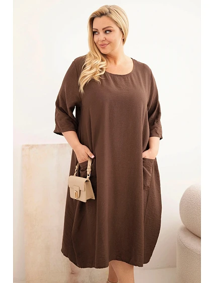 Dámské šaty plus size z viskózy s kapsami krátký rukáv hnědá