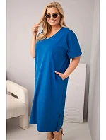 Dámské bavlněné šaty Plus Size s výstřihem do V chrpově modrá Dámské bavlněné šaty Plus Size s výstřihem do V chrpově modrá