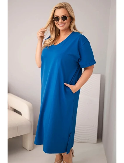 Dámské bavlněné šaty Plus Size s výstřihem do V chrpově modrá Dámské bavlněné šaty Plus Size s výstřihem do V chrpově modrá