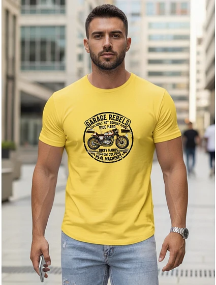 Pánské bavlněné tričko s potiskem motorky žluté FashionStreet NX5007R