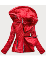 Krátká červená dámská prošívaná bunda s kapucí (B9566)