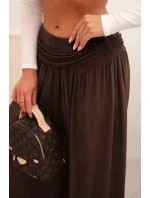 Dámské viskózové kalhoty s širokými nohavicemi a volánky hnědý