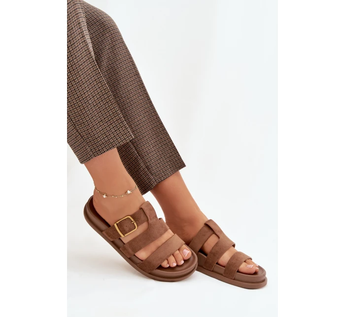 Dámské pantofle s pásky a zlatým sponou, hnědé Ulirissa Dámské pantofle s pásky a zlatým sponou, hnědé Ulirissa