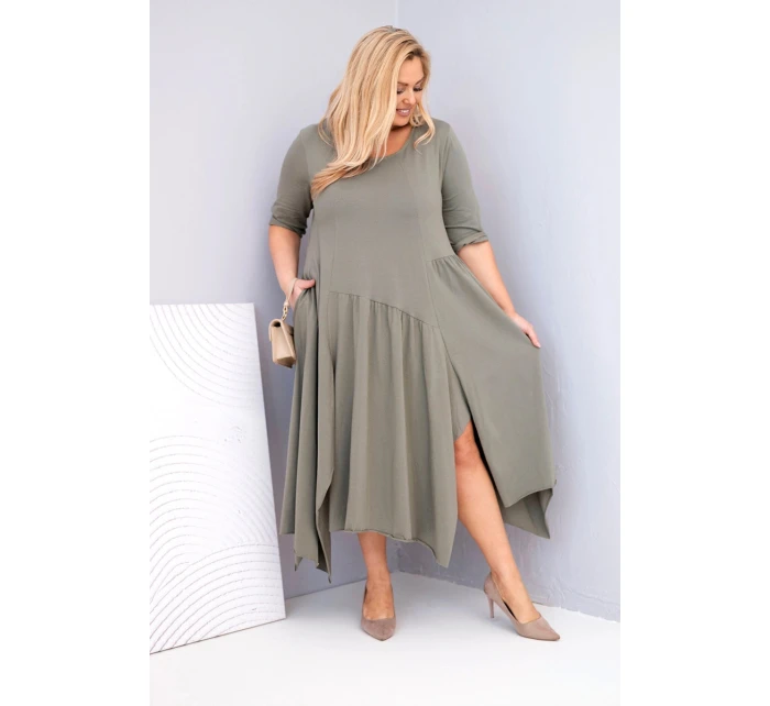 Dámská bavlněná sukýnka Plus Size s asymetrickým lemem khaki